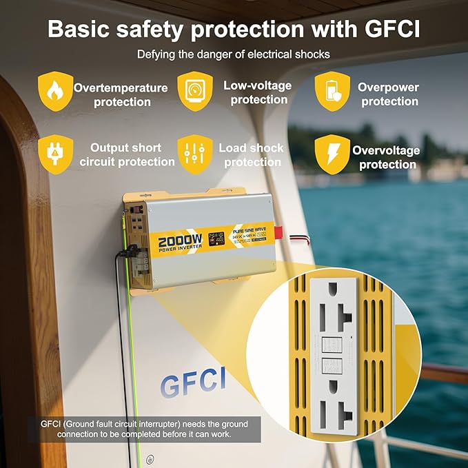 XWJNE 2000W Pure Sine Wave Power Inverter 24V DC to 120V GFCI AC Converter with LCD Display and Remote for Home, RV, Truck, Off-Grid Solar Power