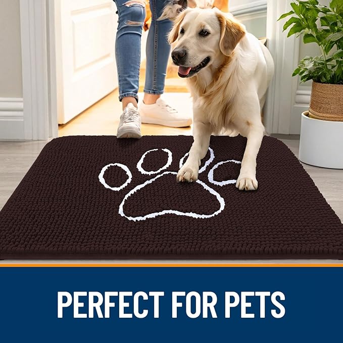 OLANLY Dog Door Mat for Muddy Paws 47x24, Paw Print Design, Absorbs Moisture and Dirt, Absorbent Non-Slip Washable Doormat, Quick Dry Chenille Mud Mat for Dogs, Entry Indoor Entryway Carpet, Brown