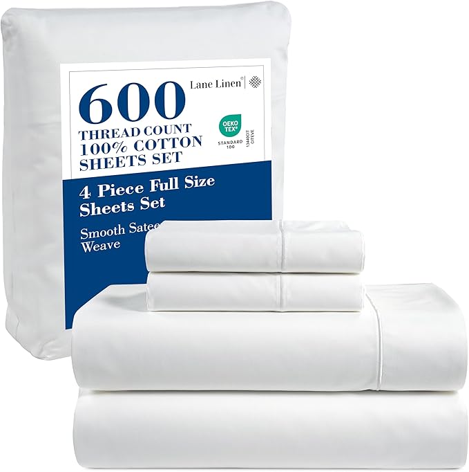 LANE LINEN 600 Thread Count 100% Cotton White Sheets Set Full Size, Fully Elasticized Cotton Hotel Style Thick Full Bedsheets, Soft Silky Sateen Weave for Luxurious Sleep, Machine Wash - White
