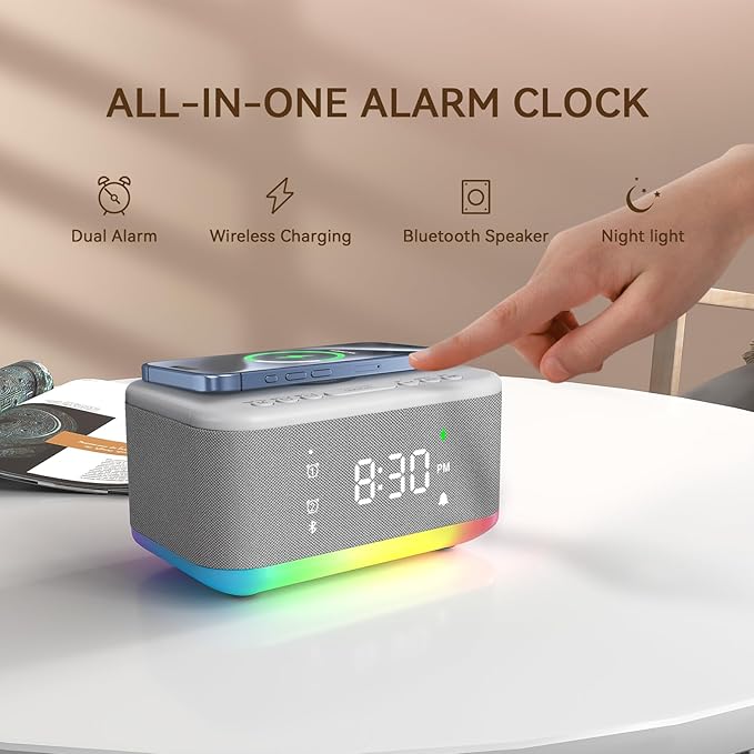 Wireless Charging Alarm Clock Bedroom, Loud Digital Alarm Clocks Bedrooms, Alarm Clock Night Light Speaker 8W Snooze Dual Alarm 12/24H Adjustable Brightness Dimmer Bluetooth, Grey
