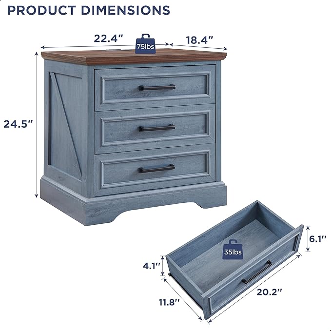 ACCOHOHO Farmhouse Nightstand with Charging Station, 22 Inch Wide End Table with 3 Large Drawers & Bar Handles, Rustic Wood Small Dresser Chest of Drawers for Bedroom, Living Room, Closet, Blue