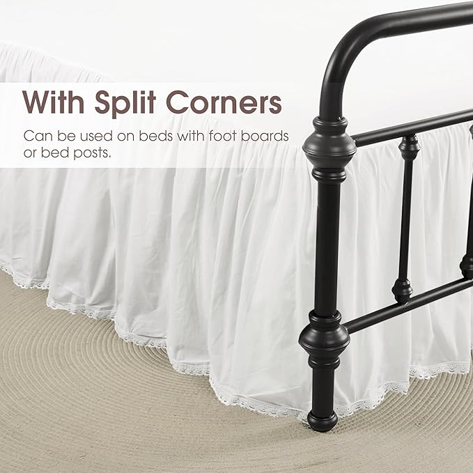 Queen Size 18" Drop - White Lightweight Cotton Bed Skirt with Crochet Edge - Dust Ruffle Whth Split Corner - Soft, Elegant, Breathable Bedding Accessory