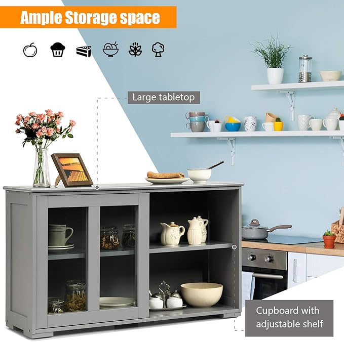 Costzon Sideboard Buffet Cabinet, Wooden Kitchen Storage Cabinet with Adjustable Shelf, Sliding Glass Doors, Accent Coffee Bar Cabinet Console Table for Living Room, Dining Room, Hallway (Grey)