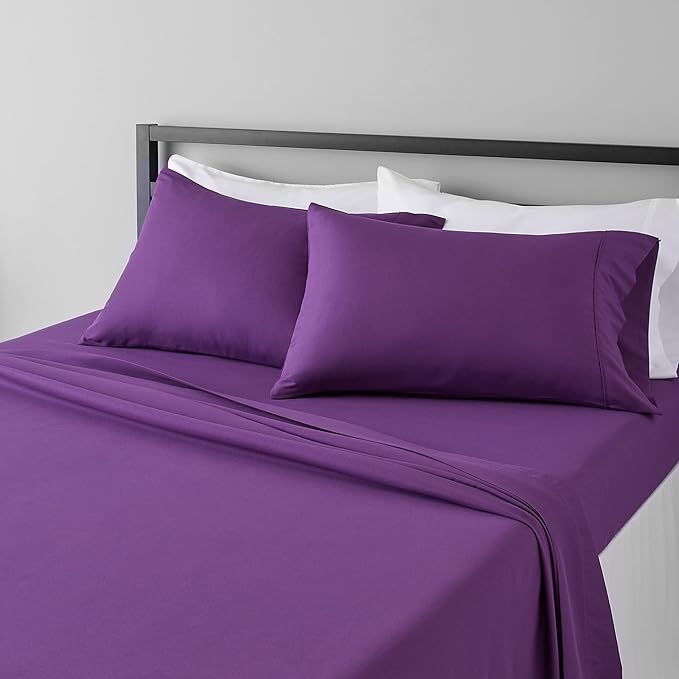 Amazon Basics Lightweight Super Soft Easy Care Wrinkle Free Breathable Microfiber 4-Piece Bed Sheet Set with 14-Inch Deep Pockets, King, Plum, Solid