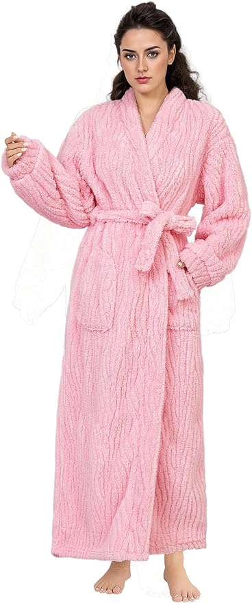 Artfasion Womens Long Fleece Robe - Warm Soft Floor Length Flannel Bathrobes for Winter Thicker Long House Coat with Pockets