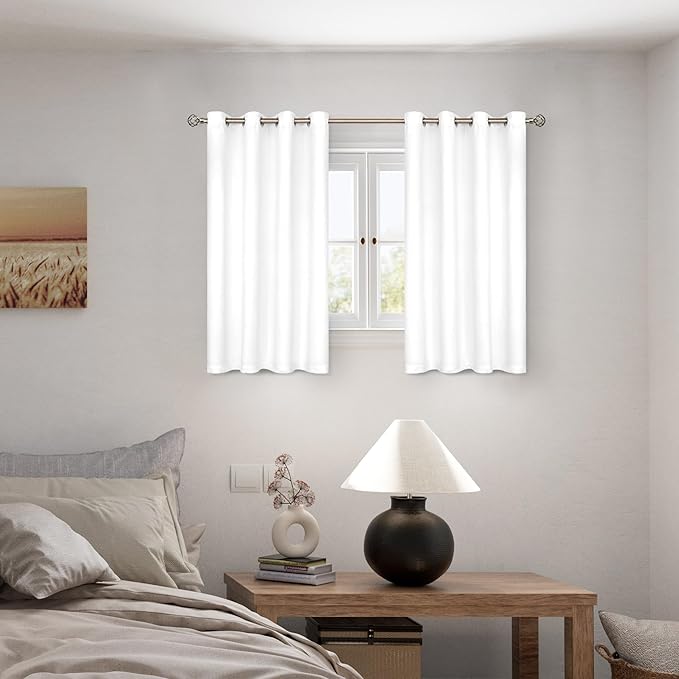 BGment Short 100% Blackout Curtains for Bedroom, Thermal Insulated Energy Efficiency Noise Reducing Grommet Curtains 45 Inch Length with Liner for Small Window 2 Panels Each 52 Inch Wide, Pure White