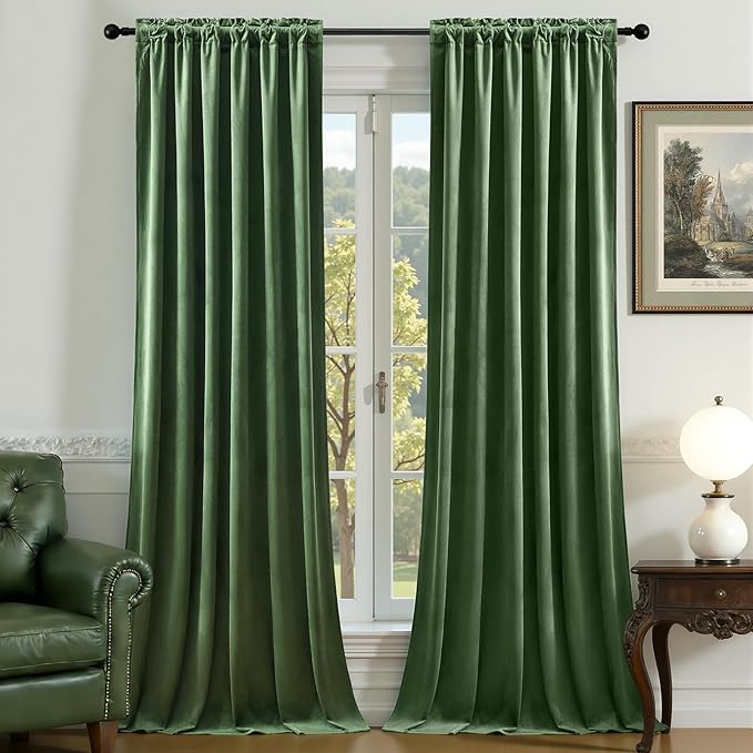 AUSSPVOCT Olive Green Velvet Curtains for Bedroom, Thermal Insulated Room Darkening Luxury Blackout Curtains 90 Inches Long Back Tab Window Drapes for Living Room Nursery, W52 x L90, 2 Panels