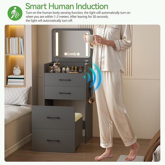 HNEBC 3 in 1 Vanity Desk with Plip Top LED Mirror,Small Dressing Table Set with Visible Glass Desktop,Compact Vanity with 3 Drawers,Storage Compartment and Padded Stool,for Bedroom(Grey)