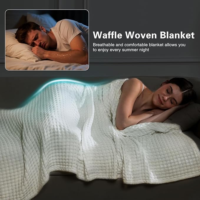 Aganear Waffle Blanket - Lightweight Breathable Summer Blanket of 50% Cotton and 50% Rayon Derived from Bamboo for Hot Sleepers Luxury Throws for Bed, Couch and Sofa,White,50x70 Inches