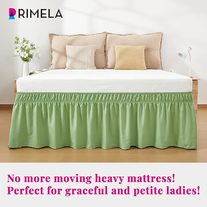 RIMELA Light Green Bed Skirt Queen Size 15 Inch Drop, Elastic Bed Skirting for Adjustable Bed Base and Frame, Bedding Dust Ruffle Easy to Install, Wrap Around Bedskirt