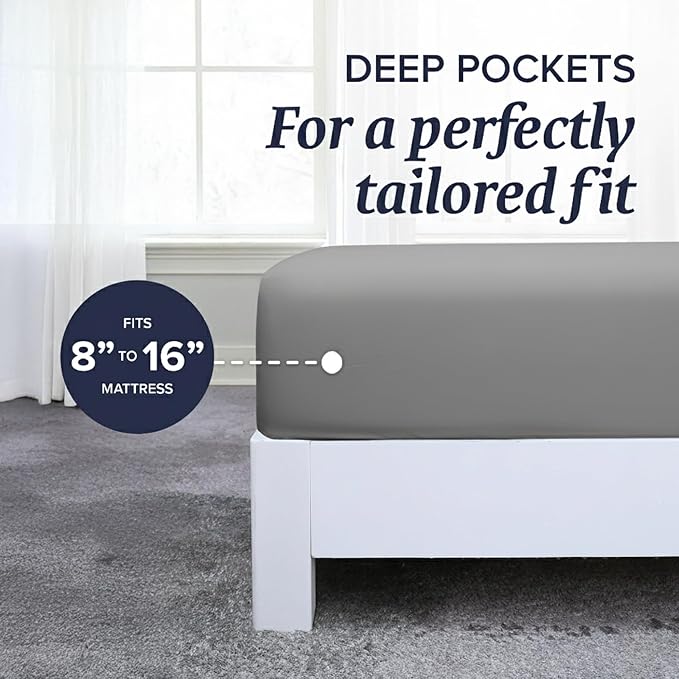 Beckham Hotel Collection Twin XL Sheet Set 100% Cotton, 500TC Luxury Sateen Bedding, 16” Deep Pocket, Moisture-Wicking, 3-Piece, Dark Gray