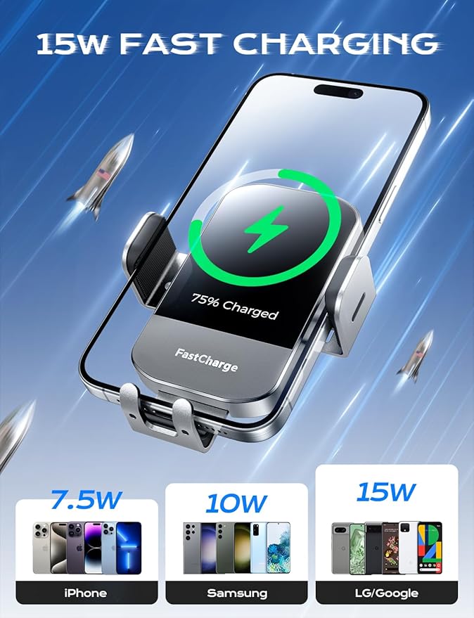 CHGeek Wireless Car Charger, 15W Fast Charging Auto Clamping Car Charger Phone Mount Phone Holder fit for iPhone 15 14 13 12 11 Pro Max Xs, Samsung Galaxy S25 Ultra S24 S23 S22, S21, S20, Silvery