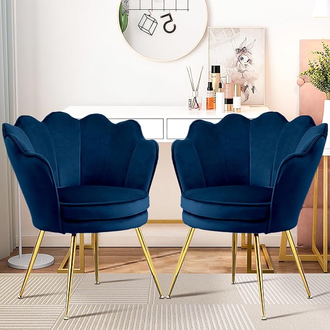 Accent Chairs Set of 2, Velvet Vanity Chair with Back, Mid-Century Modern Small Accent Chair for Living Room, Golden Metal Legs Upholstered Makeup Chair, Bedroom Armchair, Dark Blue