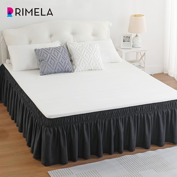 RIMELA Black Bed Skirt King Size 25 Inch Drop, Elastic Bed Skirting for Bed Base and Frame, Bedding Dust Ruffle Easy to Install, Lightweight Comforter Set with Wrap Around Adjustable Bedskirt