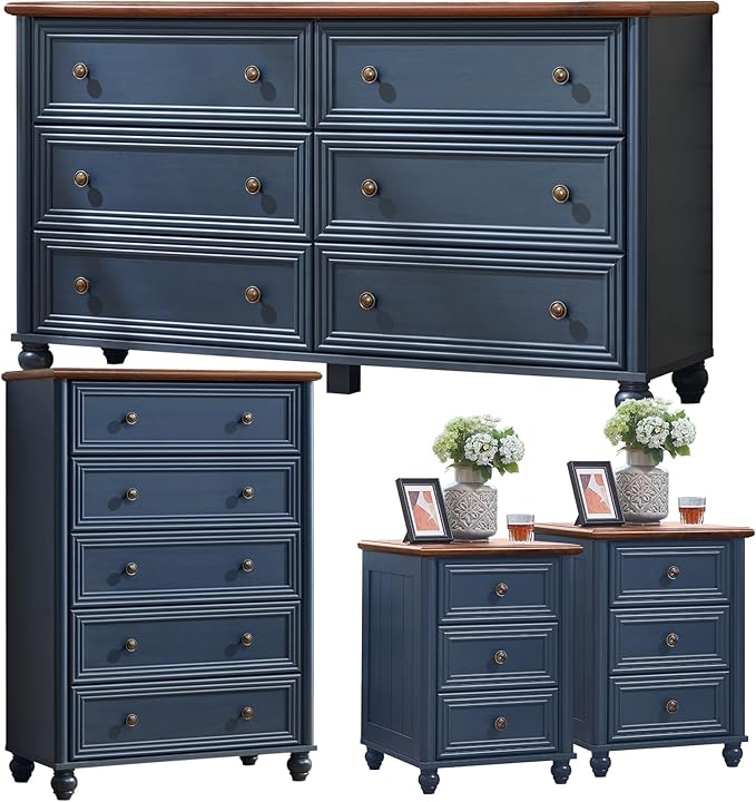 Farmhouse Dressers & Night Stand Set of 4, Wood 54" Wide 6 Drawer Dresser & 45" Tall Chest of Drawers, 18" Roman Column Nightstand Set of 2, Bedroom Furniture Dresser Sets for Home Living Room Hallway