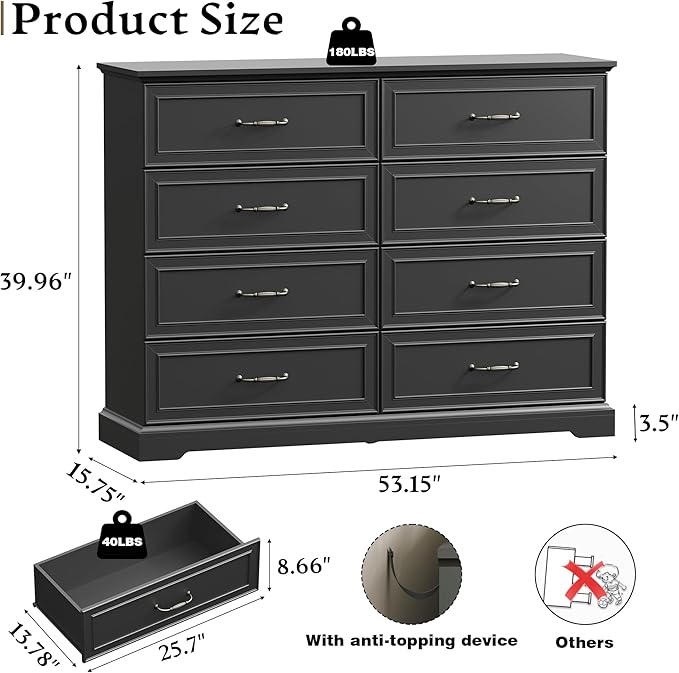 Farmhouse 8 Drawers Dresser for Bedroom, 54" Wide Modern Chest of Drawers with Deep Drawers & Bar Handles, Rustic Wood Dresser TV Stand, Wooden Closet Storage Organizer for Living Room, Hallway, Black