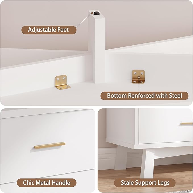 Dresser for Bedroom, 8 Drawer Wide Modern Chest of Drawers with X-Shaped Sturdy Base, Wood Double Dresser Closet Clothes Storage Organizer, Wooden TV Stand for Living Room, Hallway, White