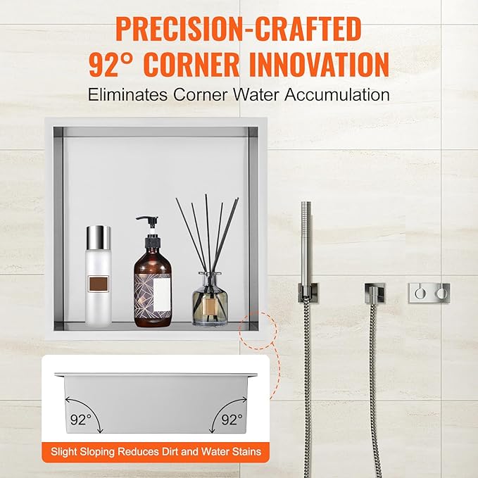 VEVOR Shower Niche No Tile Needed, Stainless Steel Niche for Shower Wall, Sealed Waterproof Rust-Resistant Bathroom Niche for Storage, 13x13'' Single Shelf