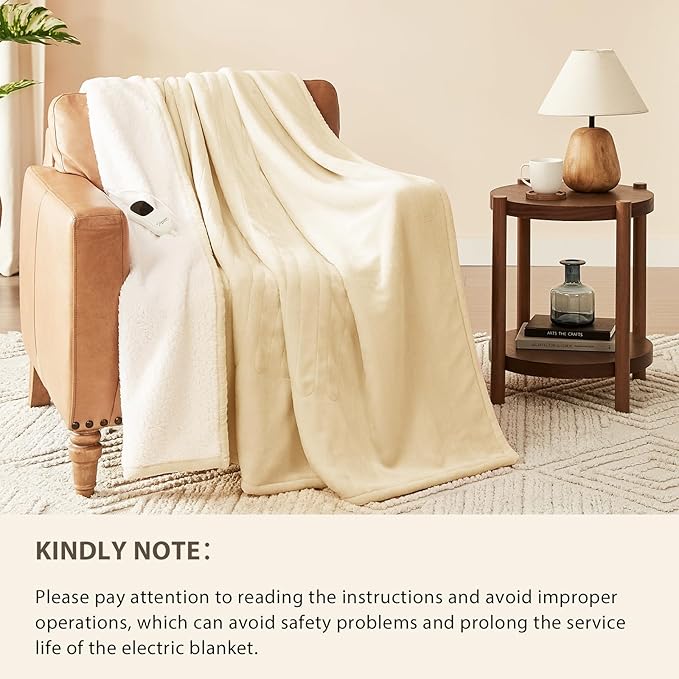 Homemate Electric Heated Blanket Twin Size - 62"x84" Heating Blanket Twin Size 1/2/4/6/8 Hours Auto-Off 10 Heat Level Over-Heat Protection Flannel Sherpa ETL Certification