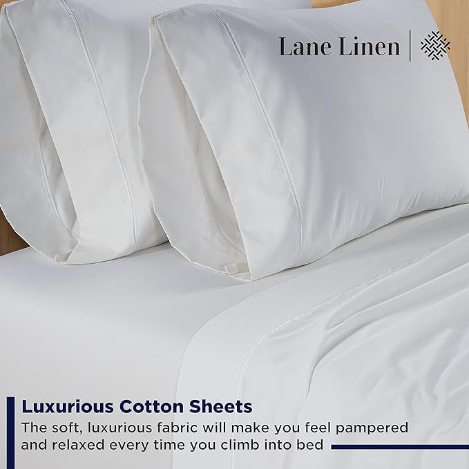 LANE LINEN 600 Thread Count 100% Mercerized Cotton White Twin Sheet Set - Soft & Cmofy Hotel Like Thick Cotton Bedding Sheets & Pillowcases, Sateen Weave Silky Finish Luxury White Bed Sheets Set