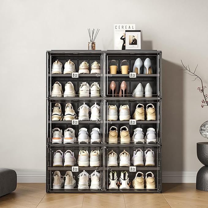 Black Shoe Rack Organizer Cabinet for Closet Entryway,Clear Shoe Storage Boxes Stackable Sneaker Storage with Door Easy Assembly Shoe Cabinet with Lids Large 6 Tiers 24 Pairs
