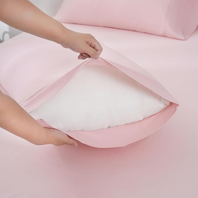 Linen World King Size 400TC Cooling Bed Sheet Set - 100% Organically Grown Viscose Sheets, Silky Soft & Breathable, Deep Pocket Fits Up to 16", 4-Piece Sheets with Pillowcases,Baby Pink