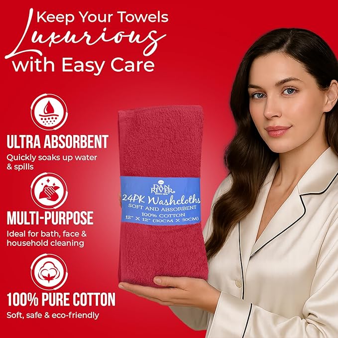DAN RIVER 100% Cotton Wash Cloths 24 Pack [12x12] Soft & Absorbent Bath wash Cloths, Gym, Hotels & Spa Perfect for Everyday Use Fingertip Towels, Red