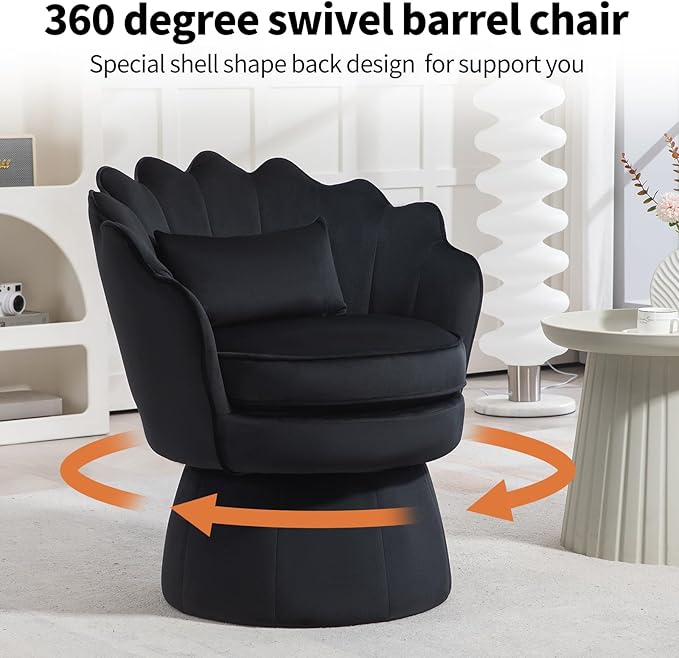 360° Swivel Accent Chair, Mid-Century Modern Velvet Barrel Chair, Comfy Shell Shape Arm Chair with Lumbar Pillow for Living Room, Bedroom, Office, Black