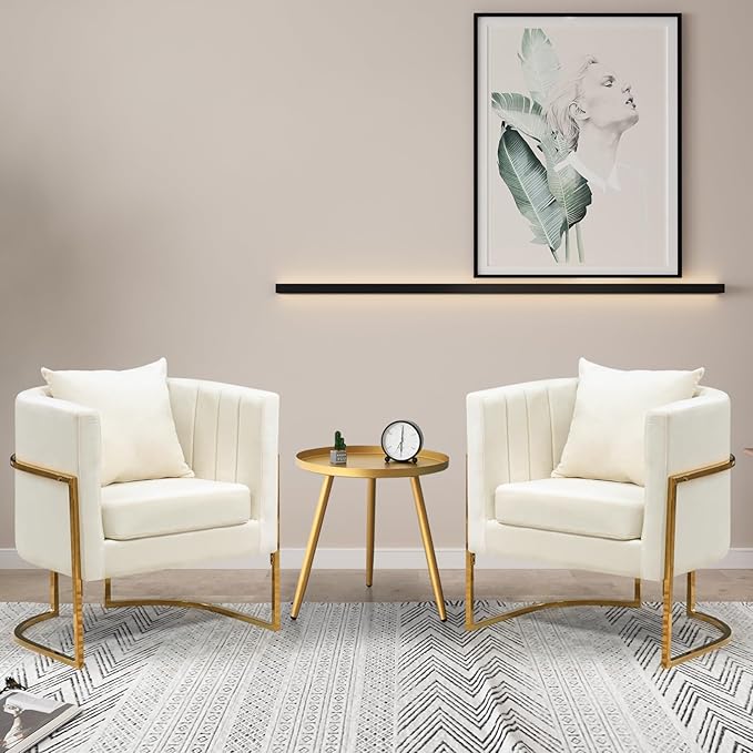 Velvet Accent Chairs Set of 2, Mid Century Modern Upholstered Barrel Armchair with Pillow for Living Room, Comfy Single Club Chair with Metal Gold Legs for Bedroom, White
