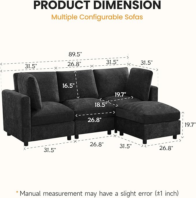 89'' 3-Seater Modular Sectional Cloud Sofa with Ottoman, L-Shaped Couch for Living Room, Modern Convertible Deep Seats Sofa, Chenille Dark Grey