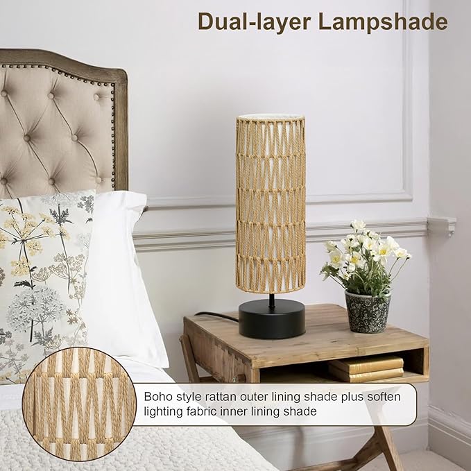 Rattan Table Lamp, Touch Control Bedside Table Lamp with Black Base, 3 Way Dimmable Nightstand Lamp with Dual-layer Shade, Boho Night Light for Bedroom Living Room Home Office, 9W LED Bulb Included