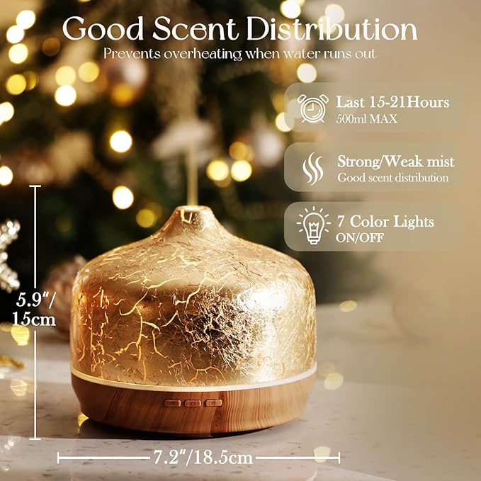 Porseme 500ml Essential Oil Diffuser Gold Plated Glass Aromatherapy Ultrasonic Humidifier - Auto Shut-Off, BPA Free for Home Hotel Yoga SPA Gift