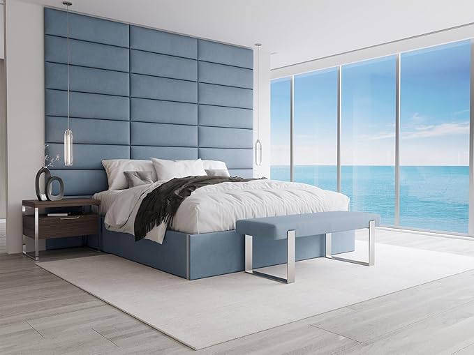 VANT Upholstered Bed Bench - Micro Suede Ocean Blue - Burnished Brass - Contemporary Modern, Bedroom Bench Seat, Hallway, or Entryway