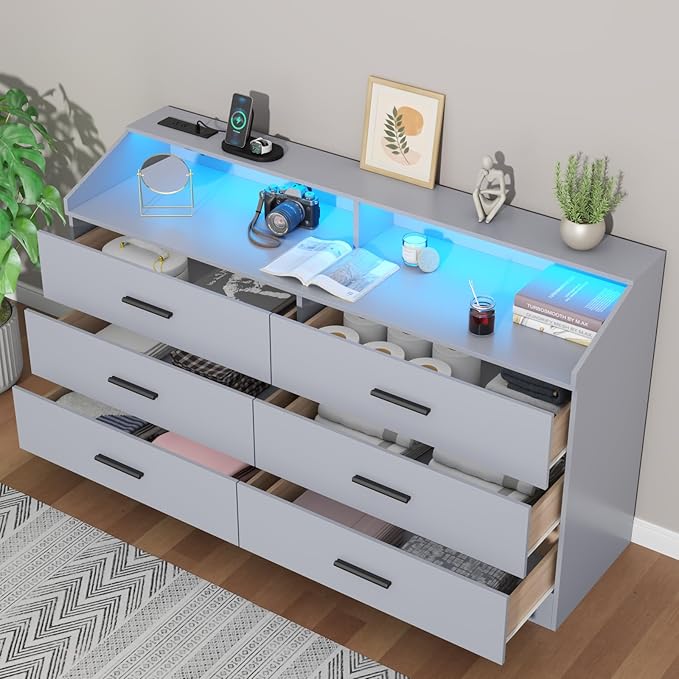 6 Drawer Dresser with Power Outlet, Chest of Drawer with LED Light, Modern Dresser with Open Storage Cubby, Double Wide Dressers Organizer for Bedroom, Living Room, Entryway, Hallway (Grey, 6 Drawers)