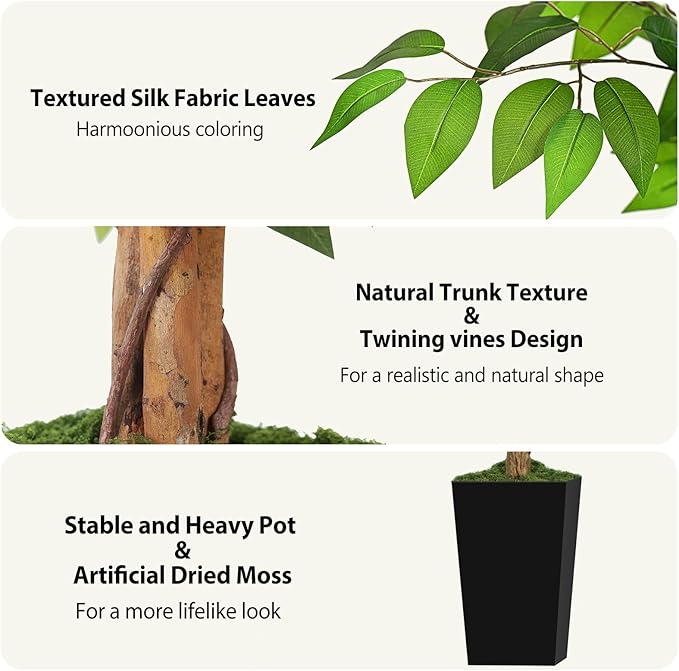 6ft Ficus Artificial Tree with 3 Natural Curved Trunks, 74" Tall Lush Faux Tree for Home Decor Indoor, Green Lifelike Fake Ficus Tree with Black Planter Pot