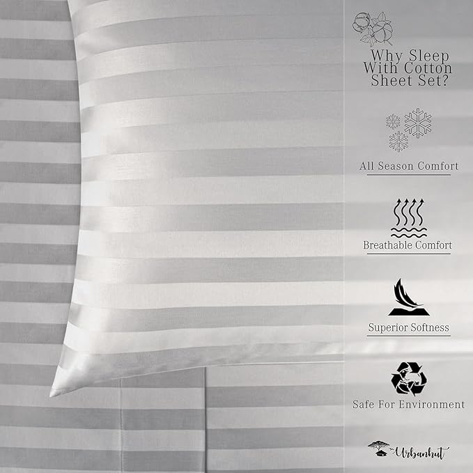 URBANHUT 800 Thread Count 100% Cotton Damask Full Size Sheets, 4 Piece Striped Full Size Bedsheets, Luxury Hotel Sheets Sateen Weave - Better Than Egyptian, 16" Elasticized Deep Pocket- Silver Grey