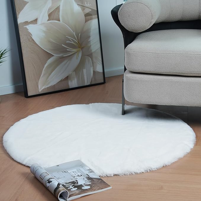 Latepis White Round Rug 4ft Faux Fur Fluffy Rug Faux Rabbit Circle Rugs for Living Room Bedroom Furry Washable Shag Rugs for Nursery Dorm Room Dorm