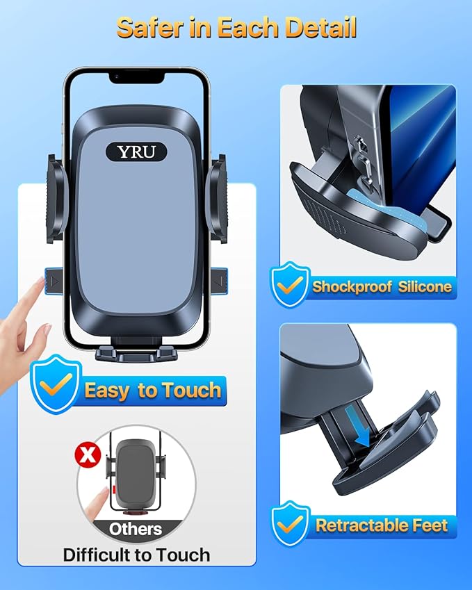 YRU [2025 Upgrade Extreme Strong Suction] Car Phone Holder Mount,[Bumpy Road Stable] Dashboard Cell Phone Holder for Car Vent Windshield Phone Stand for iPhone 16 15 14 13 Pro Max Samsung Truck, Grey