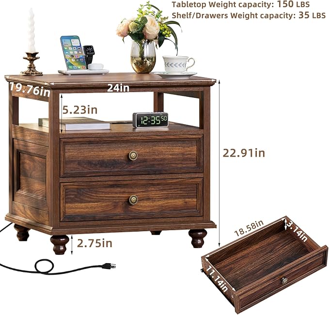 Farmhouse Furniture Set, Nightstands Set of 2 and 7 Drawers Dresser for Bedroom, 54 Inch Wide Wood Dresser and 24" Night Stands with Charging Station for Bedroom, Living Room, Hallway