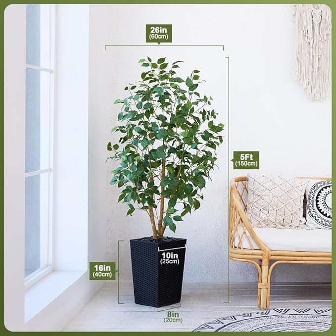 5ft Artificial Ficus Tree,Tall Faux Tree with Silk Leaves & Real Wood Trunk,UV Resistant Potted Fake Plant with Pebbles & Planter-Indoor Outdoor Floor Plant for Home,Living Room,VN129