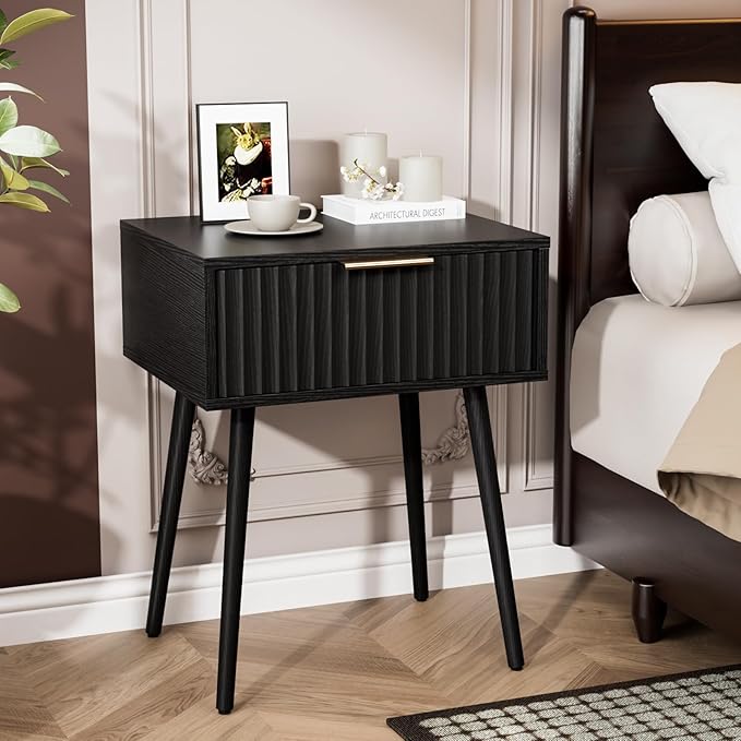 VINGLI Fluted Nightstand with Drawer, 19" W Mid Century Modern Nightstand for Bedroom, Bedside Table, End Tables Bedroom, Wood Night Stand, Black, 18.9" W*14.96" D*24" H