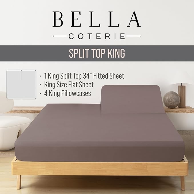 Bella Coterie 6 Piece Luxury Bamboo Viscose Split Top King Size Sheet Set | 34" Split for Adjustable Beds | 100% Organically Grown| Cooling | 18” Deep Pocket | 4 Pillowcases [Mocha]