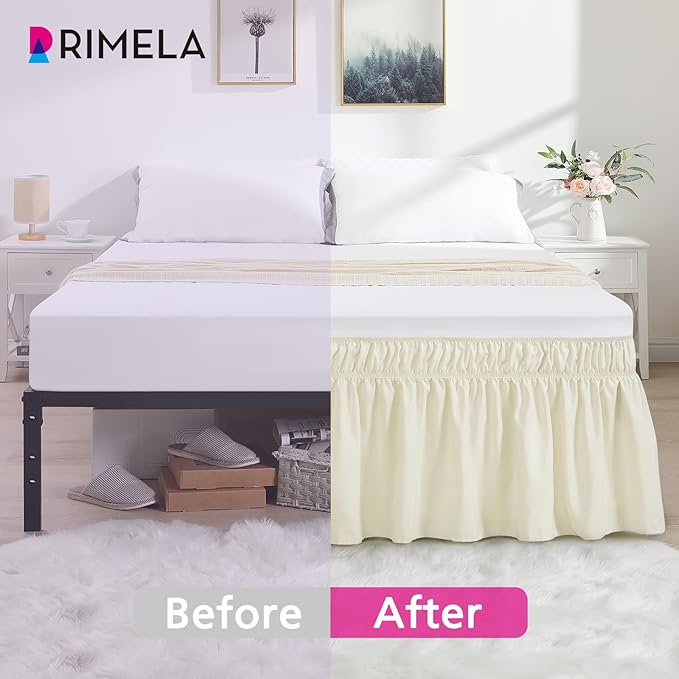 RIMELA Off White Bed Skirt Queen Size 15 Inch Drop, Elastic Bed Skirting for Bed Base and Frame, Bedding Dust Ruffle Easy to Install, Lightweight Wrap Around Adjustable Bedskirt