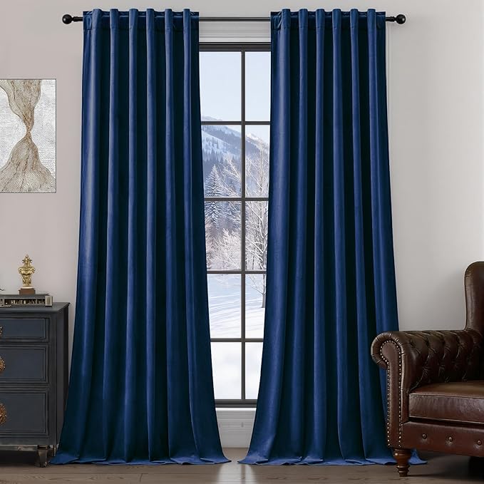 Navy Blue Velvet Blackout Curtains Extra Long Super Soft Room Darkening Drapes Elegant Thermal Insulated Sound Reducing Curtain for Bedroom Living Room, Back Tab Rod Pocket, W52 x L102, 2 Panels