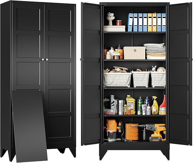SISESOL Wide & Deep Metal Storage Cabinets with 2 Doors and 5 Shelves,Tall Storage Cabinet,Large Cupboard Closet,Pantry Storage Cabinet for Home,Kitchen,Dining/Living Room (Black, 72" H)