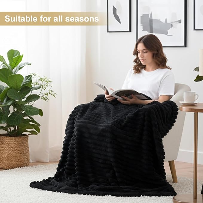 decorUhome Christmas Soft Fleece Black Blanket King Size for Bed, Cozy Fluffy Plush Flannel Large Striped Throws for Couch Sofa, Lightweight Decorative Fuzzy Blanket for Woman, 108x90 Inches