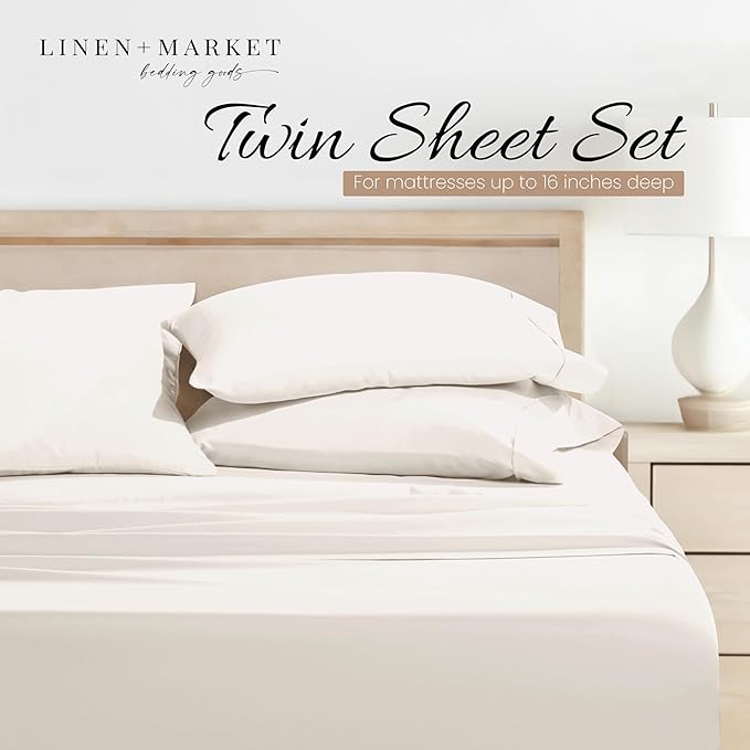 Linen Market Bed Sheets for Twin Size Bed (Ivory) - Sleep Better Than Ever with These Soft and Cooling Twin Sheets - Deep Pocket Fits 16" Thick Beds - 3 Piece Twin Sheet Set