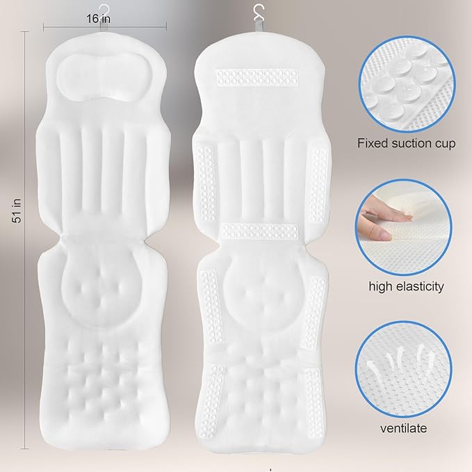 Full Body Bath Pillow 51" X 16" Bath Pillows for Tub Soft 5d Mesh Spa Cushion for Full Body Bath Pillow, Thick Bath Cushion Luxury Pressure Relief for Neck, Waist, Hip Support, Spa Accessories