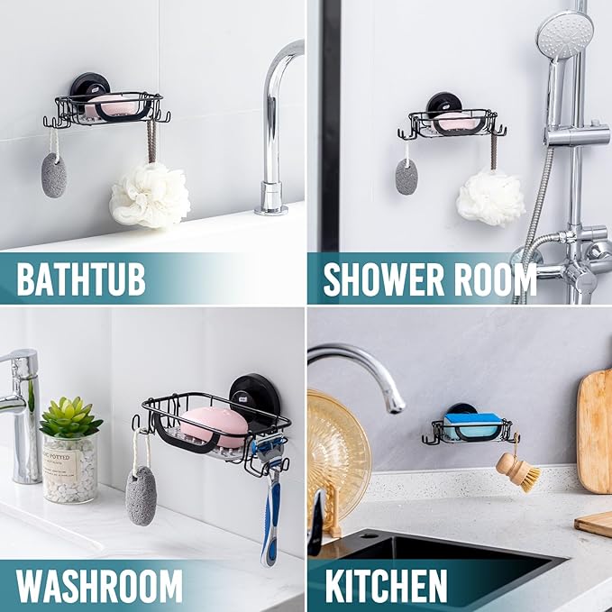 TAILI Bar Soap Holder Suction Cup with Hooks and Silicone Soap Saver Pad for Bath Shower Wall, Shampoo Caddy for Bathroom, Tub, Kitchen, Rustproof Stainless Steel Sponge Holder, Black