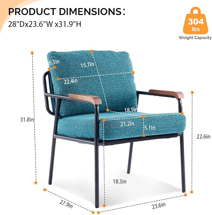 VINGLI Mid-Century Modern Accent Armchiar for Small Space, Small Comfy Upholstered Leisure Reading Chair with Wood Armrest for Bedroom, Living Room, Waiting Room, Linen Teal